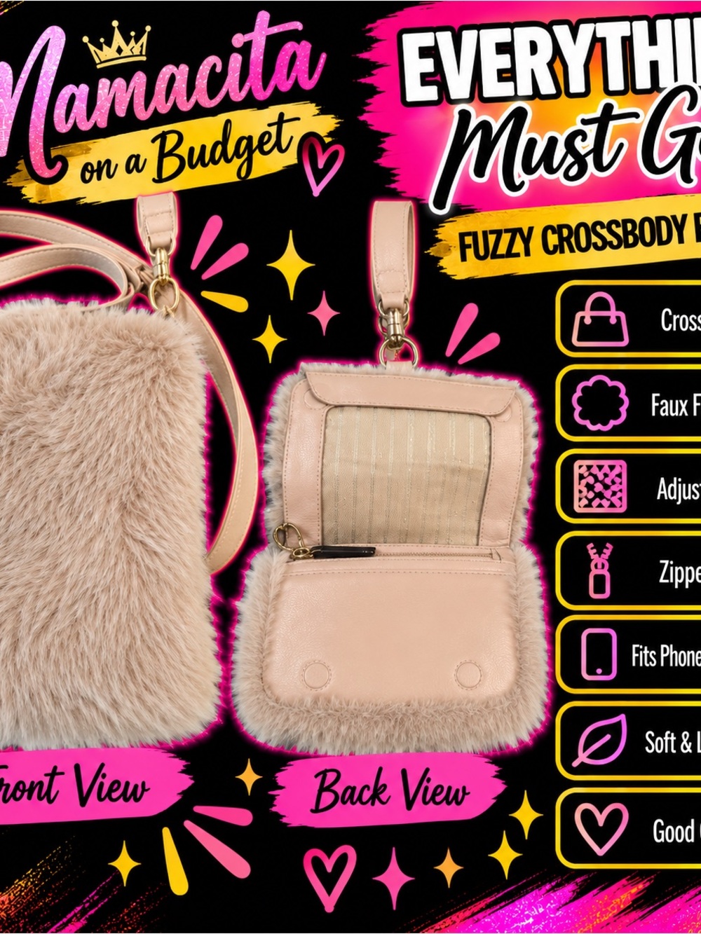 Fuzzy Crossbody Bag - Blush Faux Fur (Unbranded)